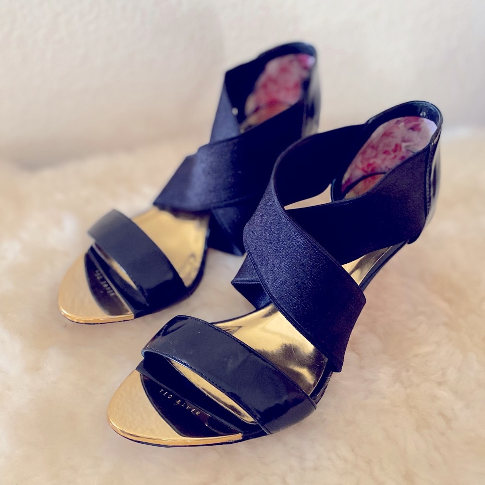 Ted Baker Leniya Black & Gold Cross-over Strap Sandal Heel